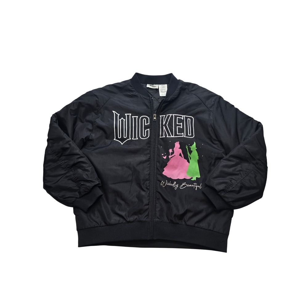 Wicked Movie Bomber Jacket Kids 14/16 Black Glinda Elphaba Graphic Zip Up Coat